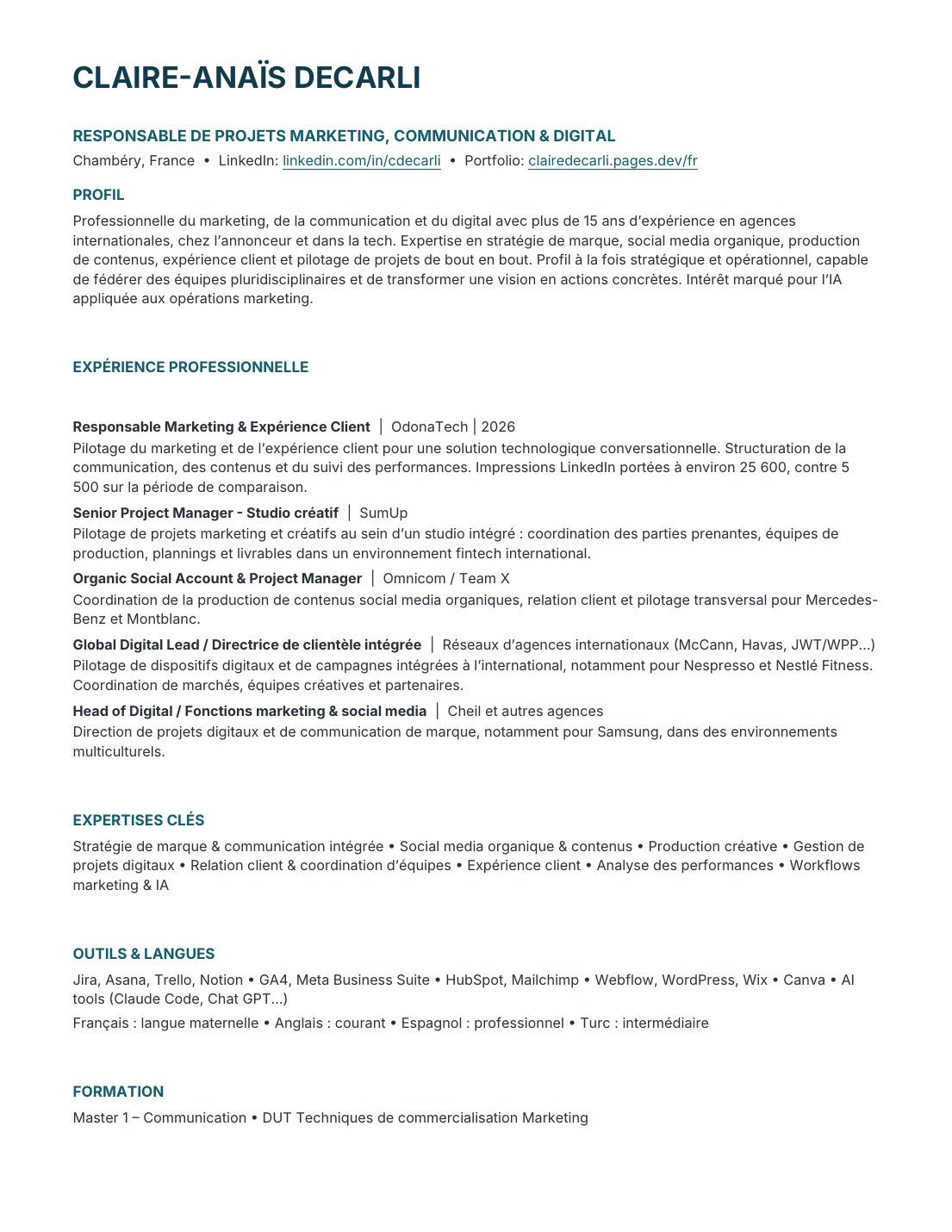CV de Claire-Anaïs Decarli (français)